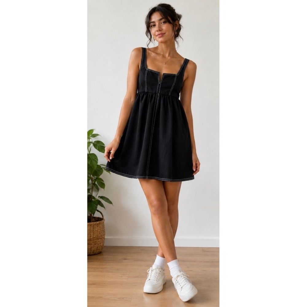 Collusion Black Contrast‎ Stitch Babydoll Mini Dress Square Neck US 2 F103749
